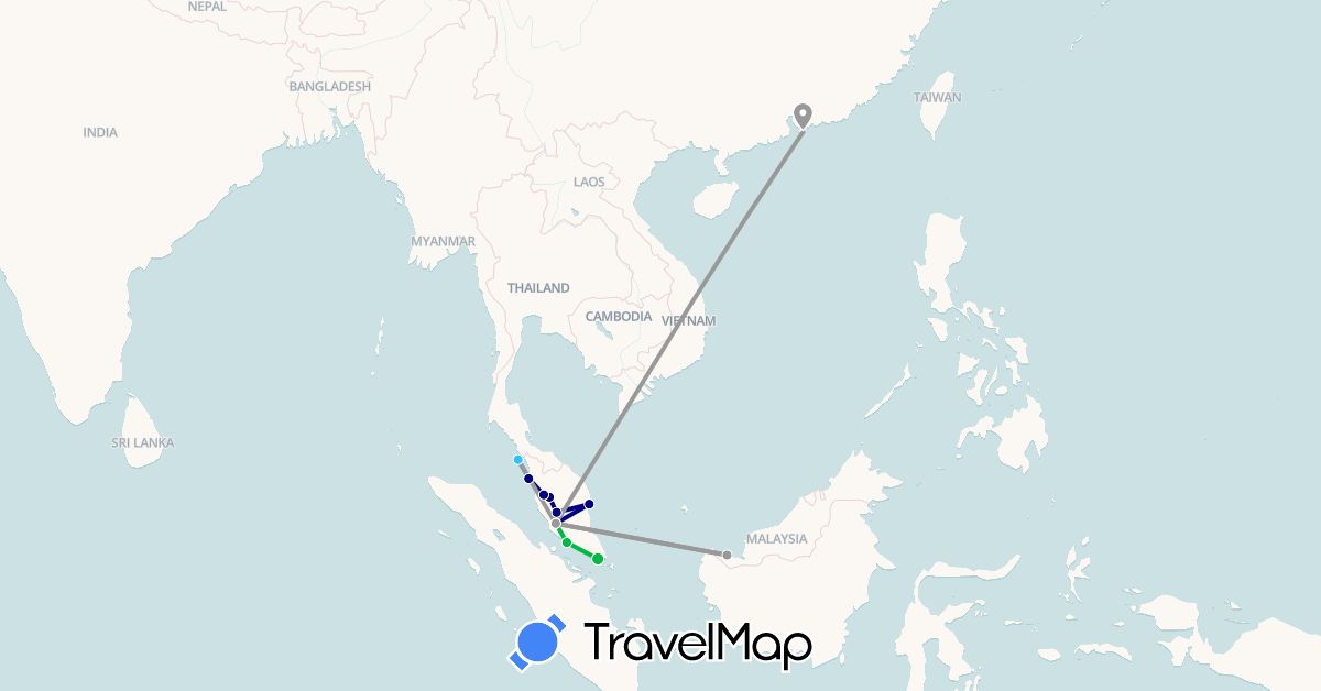 TravelMap itinerary: driving, bus, plane, boat in China, Malaysia (Asia)